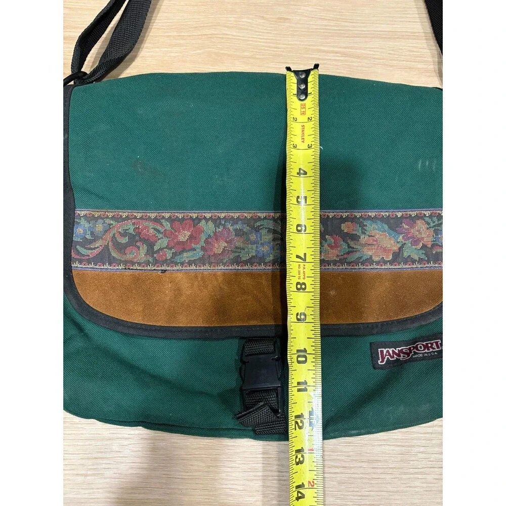 Jansport Messenger Bag Cross Body Floral Leather Green Made in USA 2 Pocket